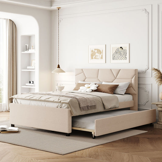 Upholstered Platform Bed With Brick Pattern Headboard And Twin Long Size Trundle