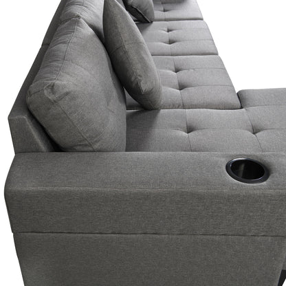 Modern Sectional Sofa Set With L Shape Chaise Lounge, Cup Holder, 4 Seat - Gray
