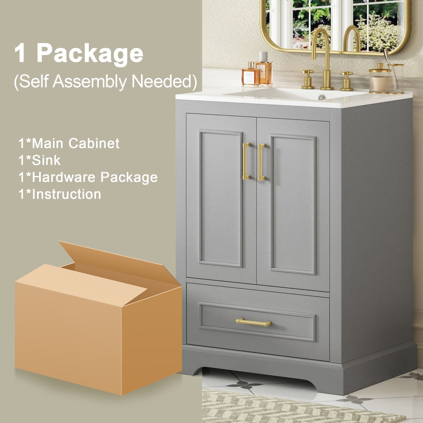 Bathroom Vanity With Sink, 1 Divided Drawer And 2 Soft Close Doors With Double Shelf