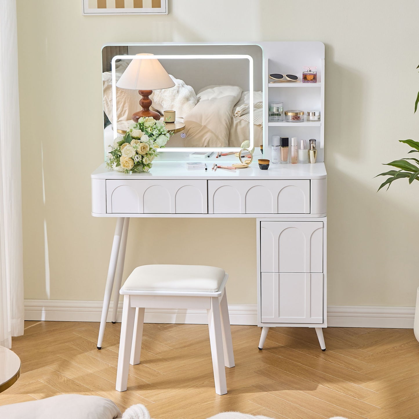 Modern Makeup Vanity Desk With LED Lights & Mirror 4 Drawer Dressing Table Set Space Saving For Bedroom - White