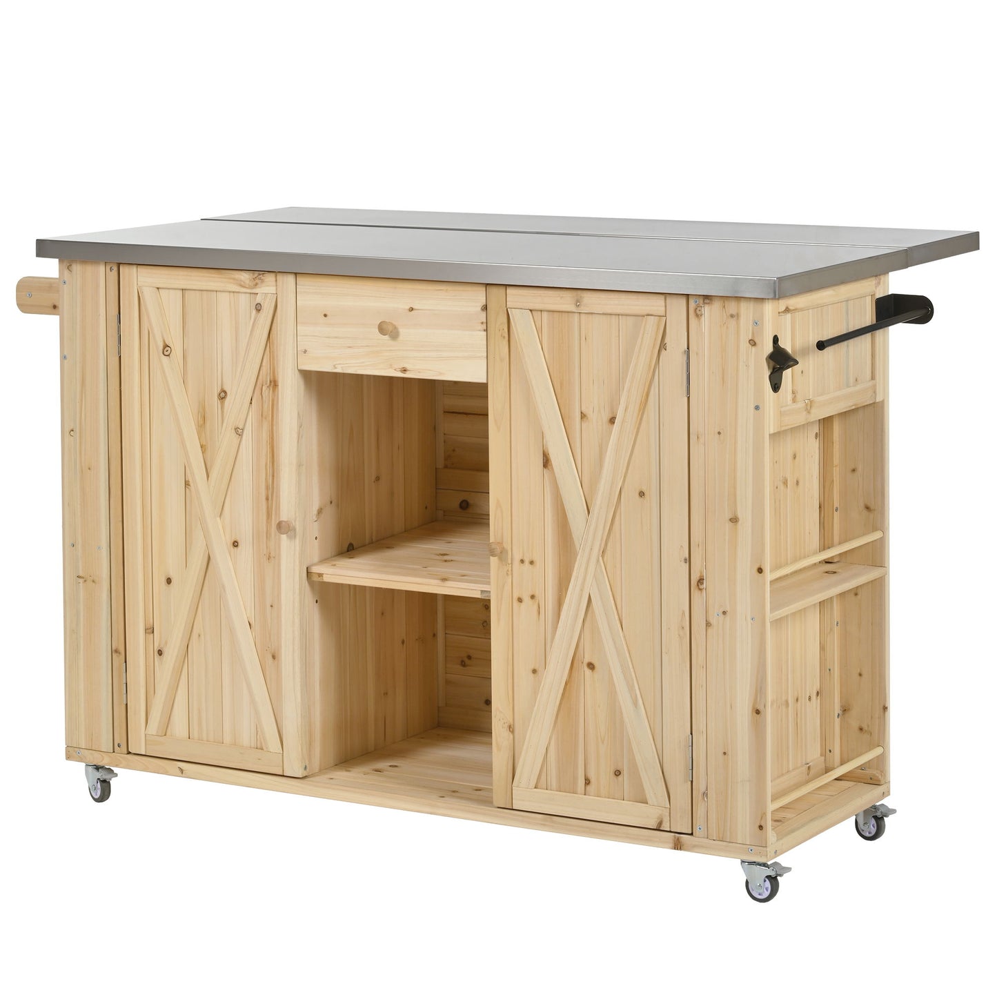 Outdoor Kitchen Island With Stainless Steel Top, Ample Storage Space, Towel And Spice Racks And A Bottle Opener