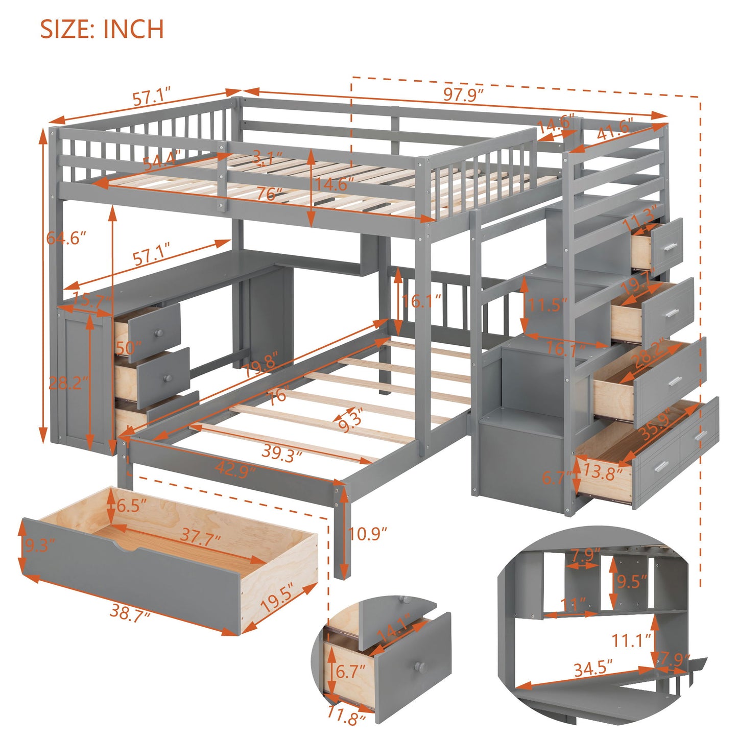 Bunk Bed With Desk, Drawers And Shelves