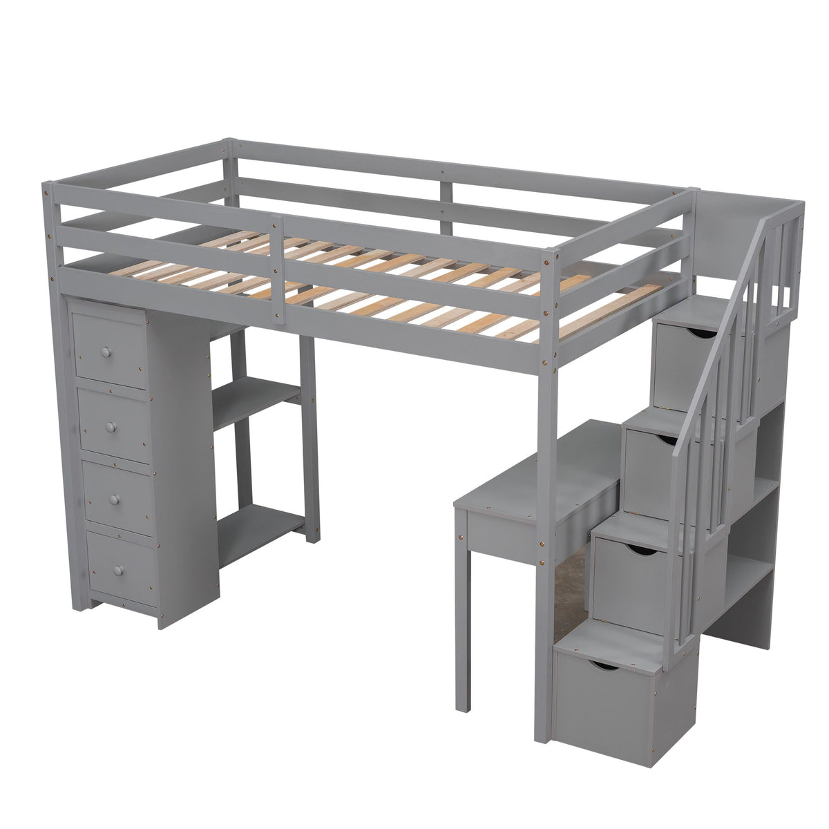 Loft Bed With Storage Drawers, Desk And Stairs With Shelves