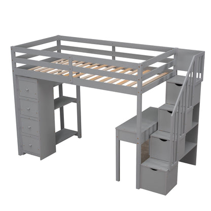 Loft Bed With Storage Drawers, Desk And Stairs With Shelves