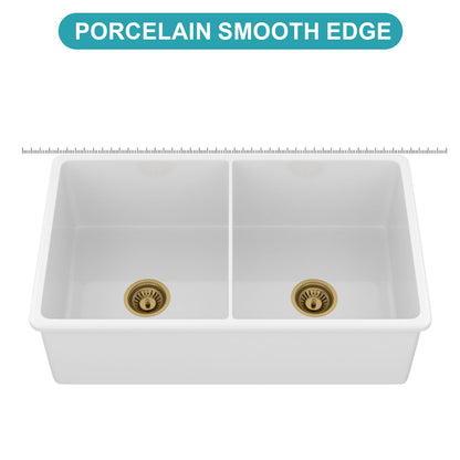 32" Undermount Double Bowl Kitchen Sink Rectangular Deep Dual Bas With Grids - White