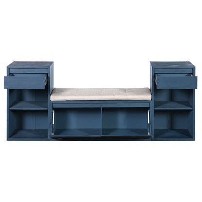 Entryway Storage Bench With Cushion, Drawers & Open Shelves