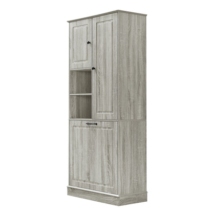 Modern Tall Storage Cabinet With Adjustable Shelves, Flip-Out Basket & Enclosed Doors