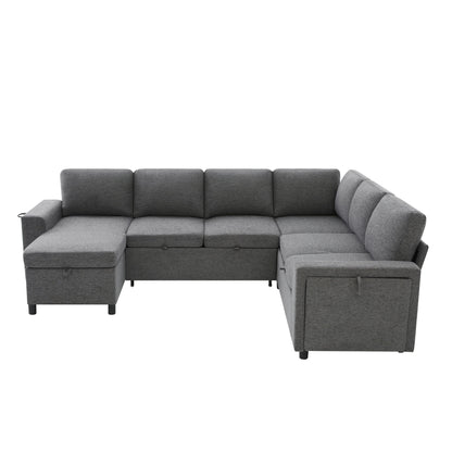 U - Shaped Convertible Sectional Sofa Bed With Storage, USB Charger & Cup Holders