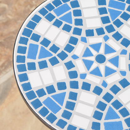 Outdoor Round Side Table With Mosaic Style Top And Curved Iron Legs - Blue / Matte Black