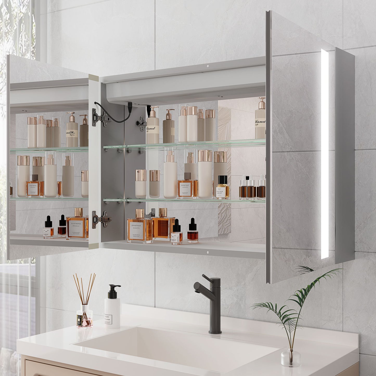 LED Medicine Cabinet With Mirror, Double Door With Defogger, Dimmer, Surface Mount