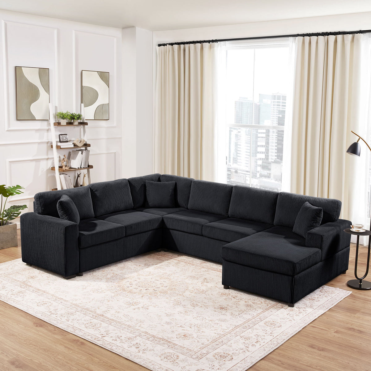 Oversized Sectional U-Shaped Sofa With Chaise Lounge And Three Soft Throw Pillows