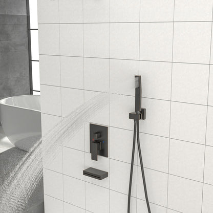 Square Shower System With Waterfall Tub Spout And Rough In Valve, Wall Mounted