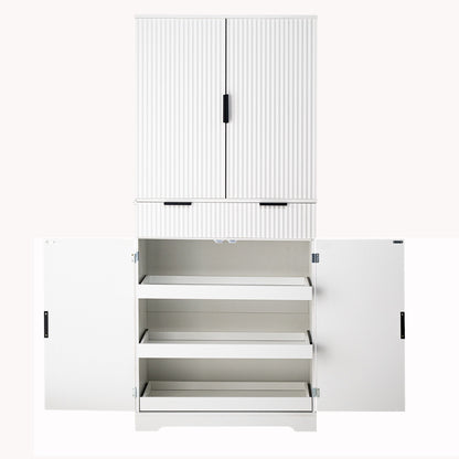 Fluted Kitchen Pantry Cabinet With 3 Keyboard Drawers & 6 Adjustable Door Shelves