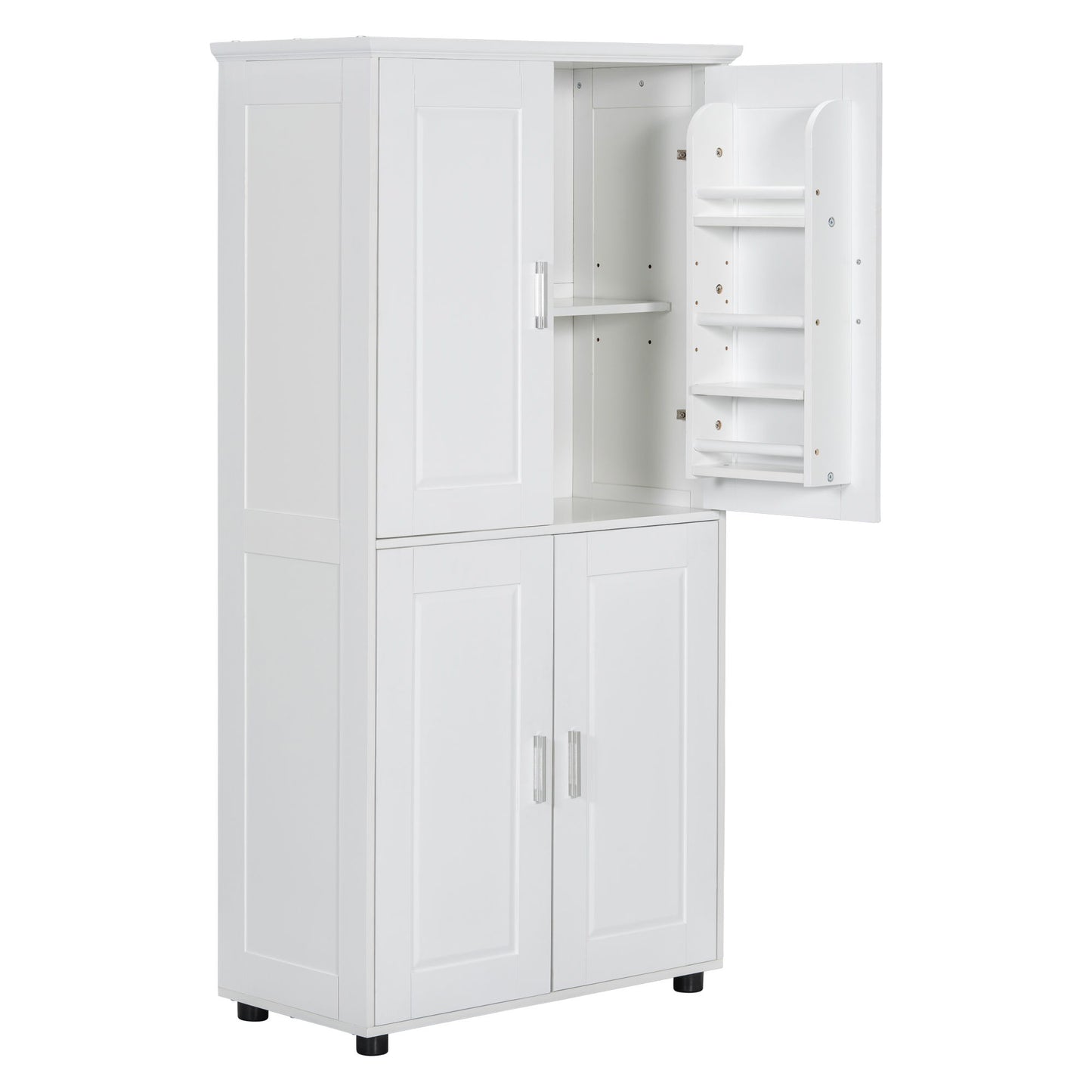 Tall And Wide Bathroom Floor Storage Cabinet With 4 Doors, Adjustable Shelves - White