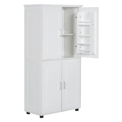 Tall And Wide Bathroom Floor Storage Cabinet With 4 Doors, Adjustable Shelves - White