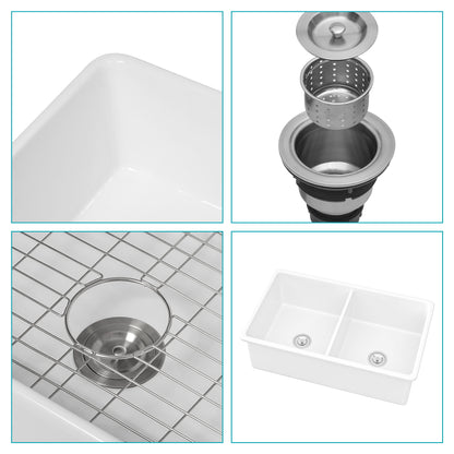 Elegant Dual Mount 32" Undermount Double Bowl Ceramic Kitchen Sink - White
