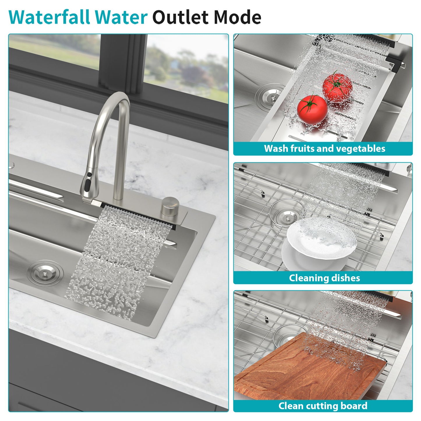33" Stainless Steel Single Bowl Kitchen Sink With Waterfall Flow