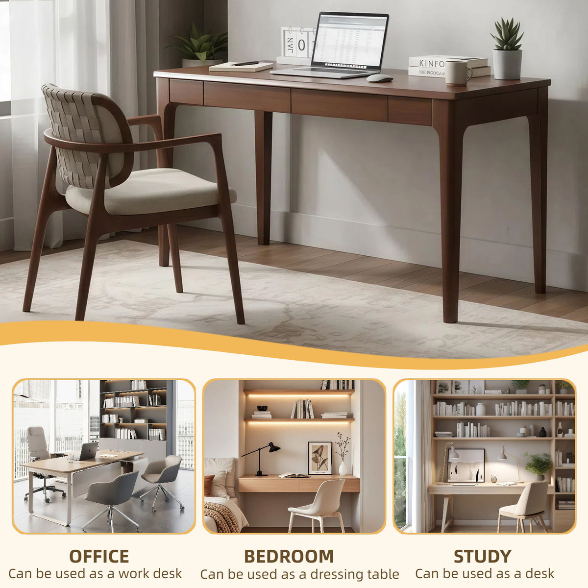 Desk With Drawers, Smooth Edge Design - Walnut