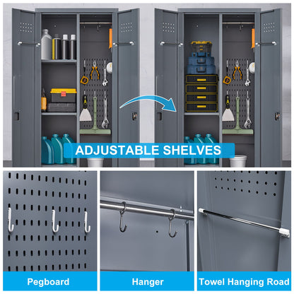 Heavy Duty Storage Cabinet With Locking Doors, Hanging Rod & Shelves, Broom Closet - Gray