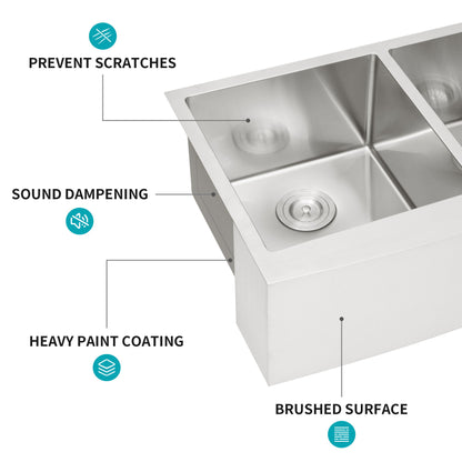 Double Bowl Farmhouse Sink, Stainless Steel Apron Front Kitchen Sink 16 Gauge - Brushed Nickel