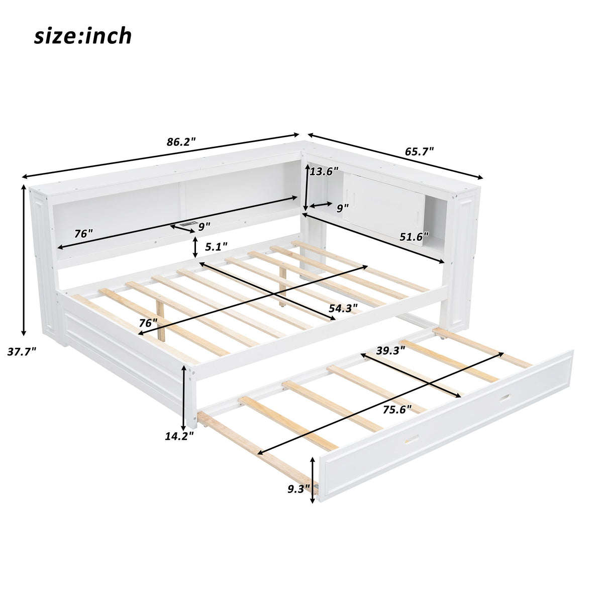 Daybed With Storage Shelves, LED, USB, And Trundle