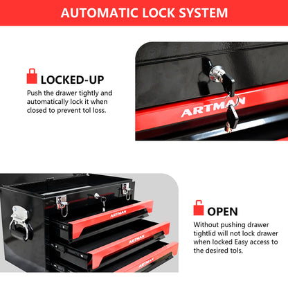 Portable 20" Steel Tool Box With 3 Drawers And Metal Latch Closure - Black / Red