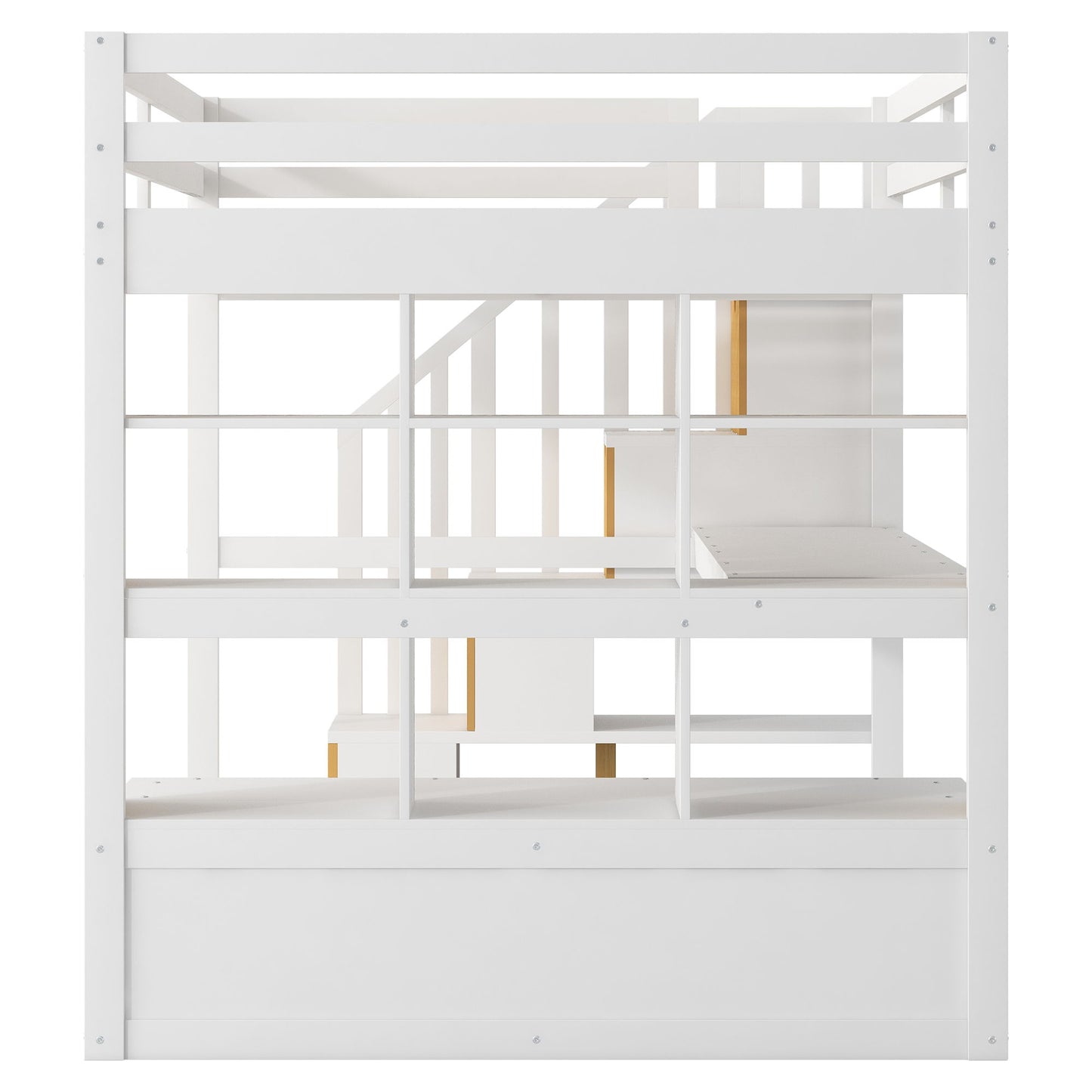 Full Size Loft Bed With Desk And Shelves, 2 Built In Drawers, Storage Staircase - White