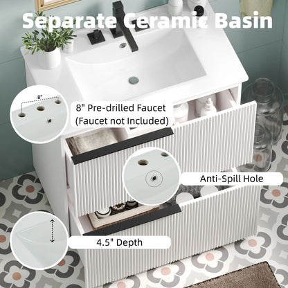 Fluted Bathroom Vanity With Ceramic Sink, Soft Close Slides