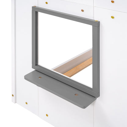 Bunk Bed Wood Bed & Roof, Window, Guardrail, Ladder
