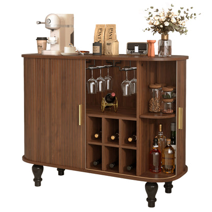 Fluted Liquor & Coffee Bar Cabinet With 6 Wine Racks And 3 Glass Holders