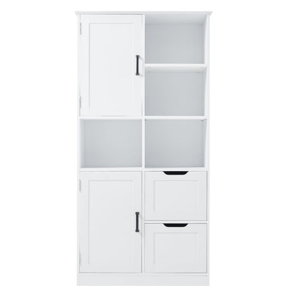 Freestanding Bathroom Storage Cabinet With Doors And Drawers, Adjustable Shelf, Open Shelves - White