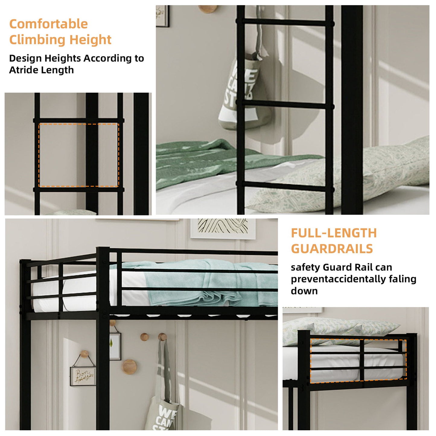 Bunk Bed For Kids, Convertible Frame With Ladders & Guardrail