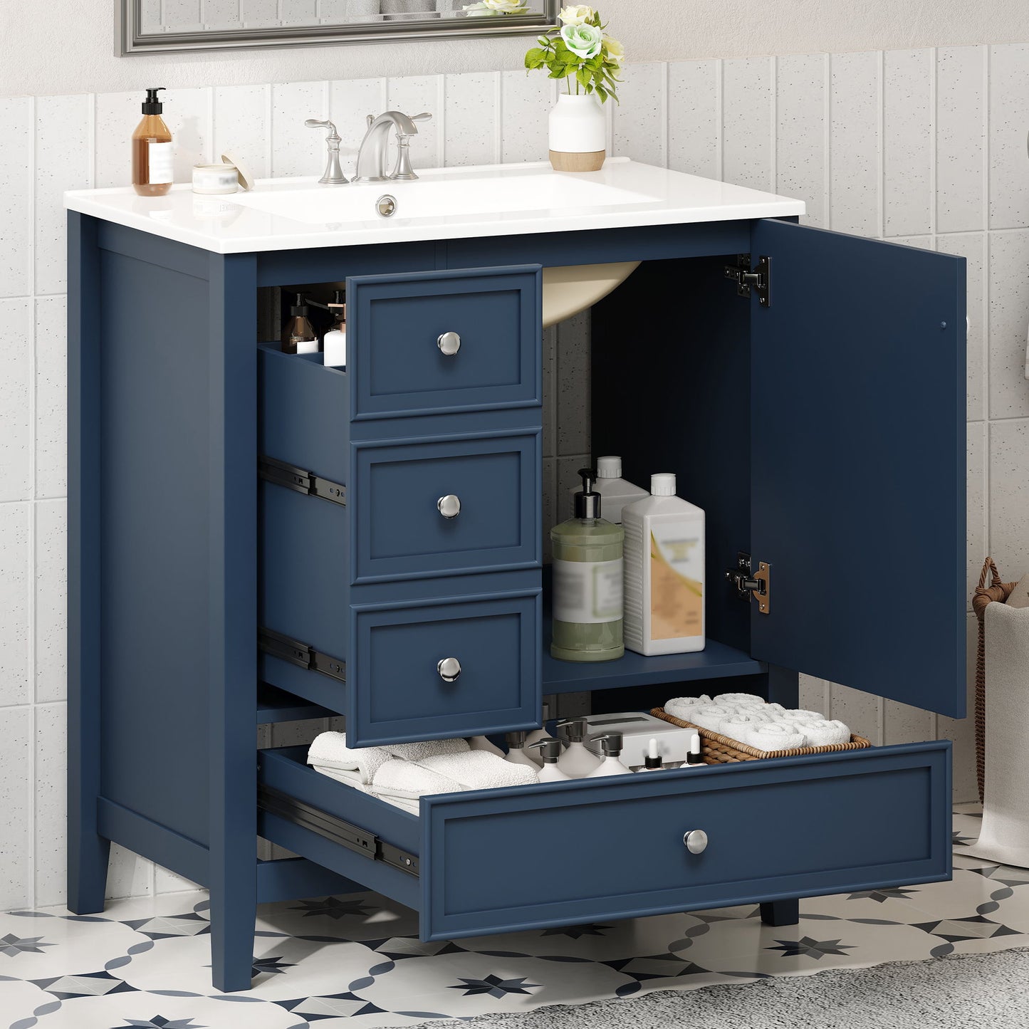 Modern Bathroom Vanity With Sink, 1 Cabinet & 3 Drawers