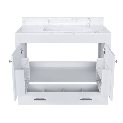 43" Bathroom Vanity With Artificial Marble Carrara Top Set, Multi Functional Cabinet With Doors And Drawer - White