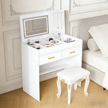 Flip Top Vanity Desk With LED Mirror & Outlet Makeup Table With 2 Drawers, Open Storage, And Jewelry Hooks - White