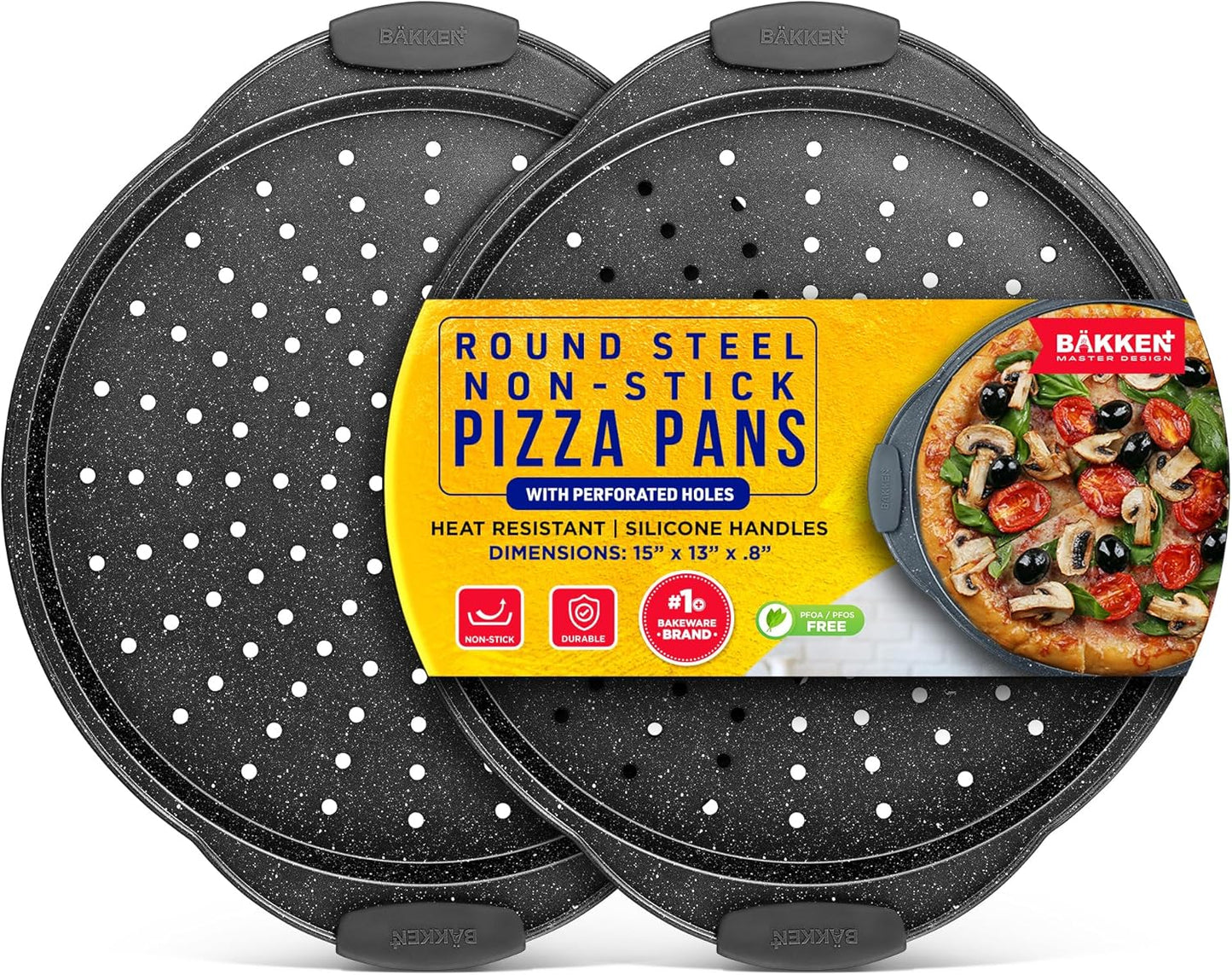Bakken Pizza Baking Pan - Round Perforated Carbon Steel Pan with Non-Stick Marble Coating, Oversized Silicone Handle, Dishwasher Safe, High-Temperature Resistant, Durable & Easy Cleanup Gray, 2 Pack