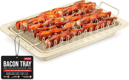 Bacon Tray - 2-Piece Set – Marble Coating - Durable, Non-Stick Cooking Tray for Bacon – White Stone Tray and Carbon Steel Rack