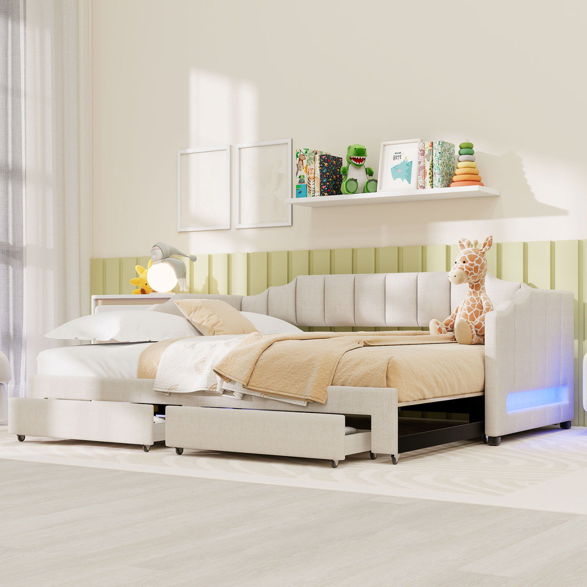 Extendable Daybed With LED Light And 2 Storage Drawers