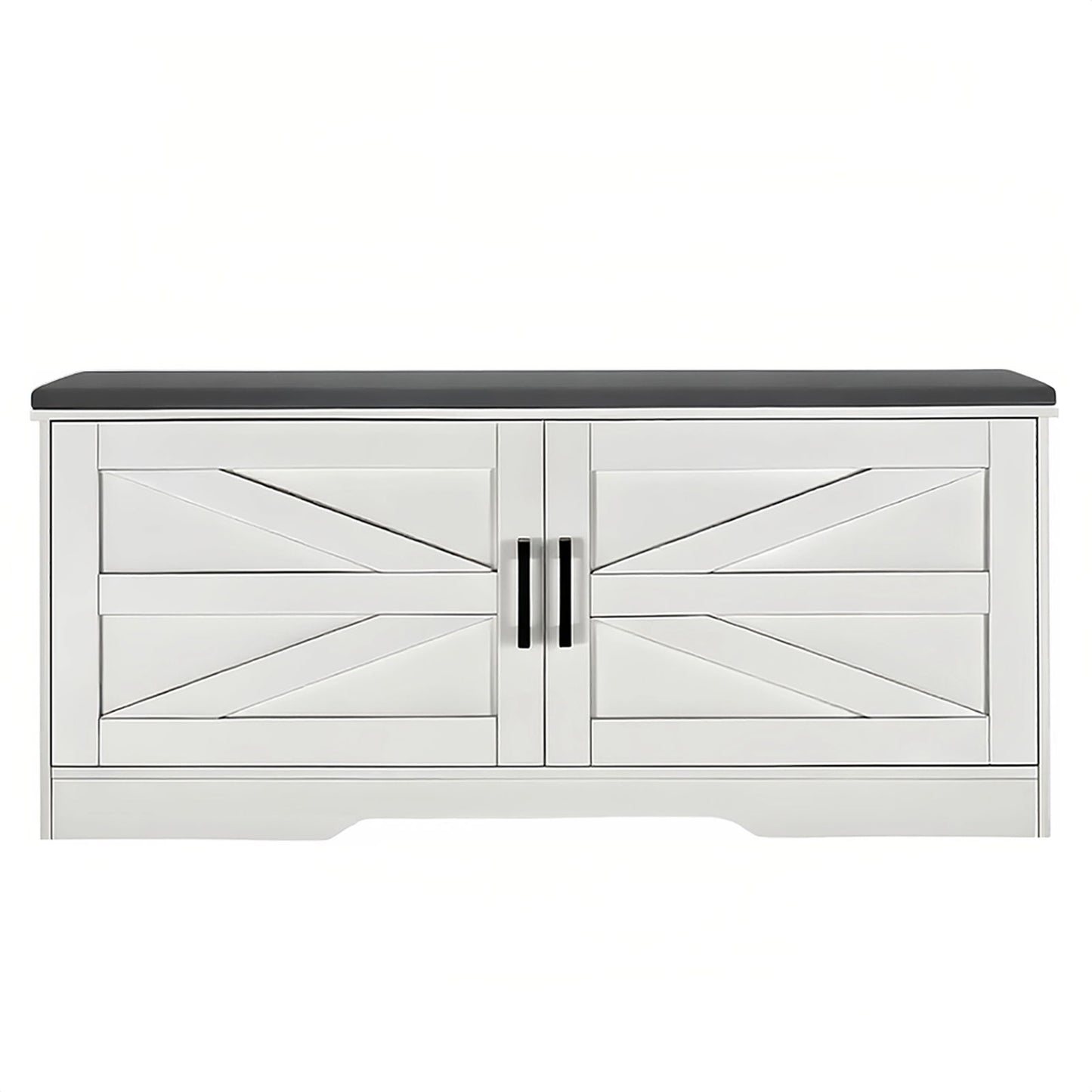 2 Tier Shoe Bench With Padded Seat, 2 Barn Doors And Adjustable Shelves, For Entryway And Living Room - White