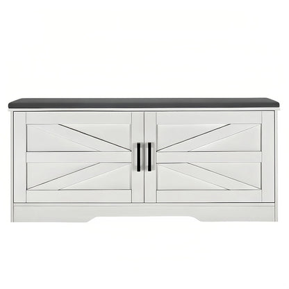 2 Tier Shoe Bench With Padded Seat, 2 Barn Doors And Adjustable Shelves, For Entryway And Living Room - White