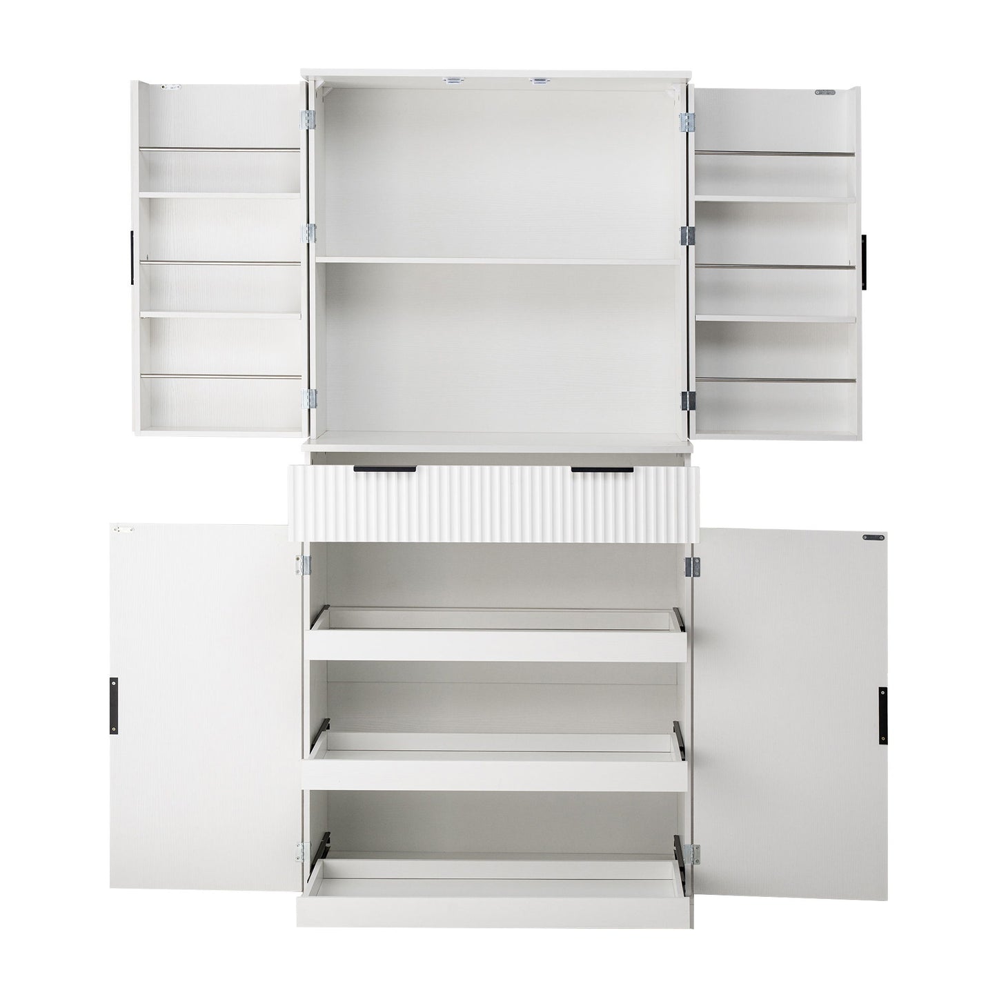 Fluted Kitchen Pantry Cabinet With 3 Keyboard Drawers & 6 Adjustable Door Shelves