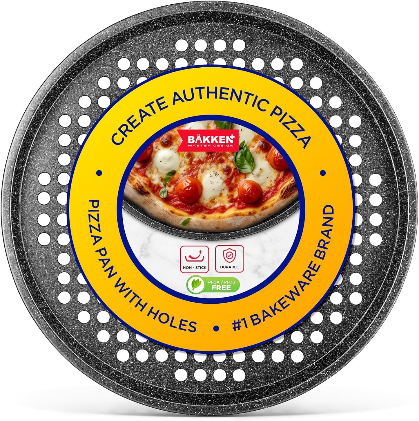 Bakken Pizza Baking Pan - Round Perforated Carbon Steel Pan with Non-Stick Marble Coating, Oversized Silicone Handle, Dishwasher Safe, High-Temperature Resistant, Durable & Easy Cleanup Gray, 1 Tray