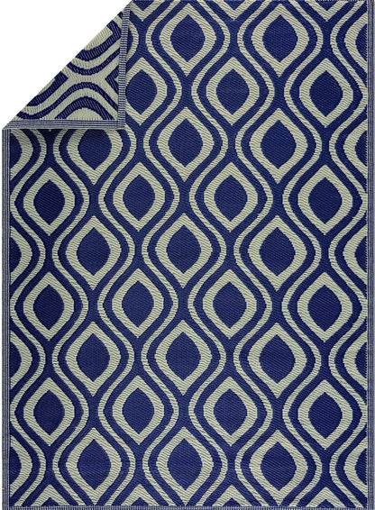 Playa Outdoor Rug - Crease-Free Recycled Plastic Floor Mat for Patio, Camping, Beach, Balcony, Porch, Deck - Weather, Water, Stain, Lightweight, Fade and UV Resistant - Venice- Navy & Creme