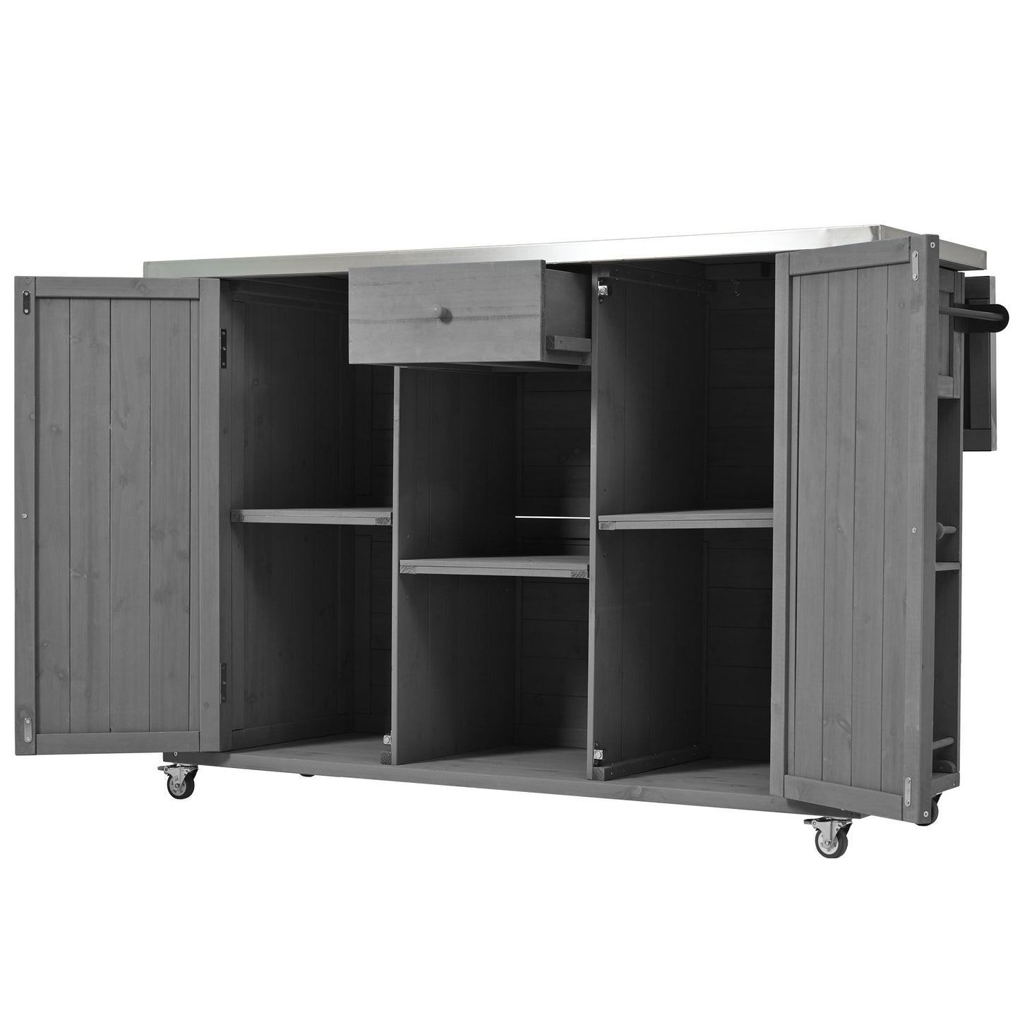 Outdoor Kitchen Island With Stainless Steel Top, Ample Storage Space, Towel And Spice Racks And A Bottle Opener