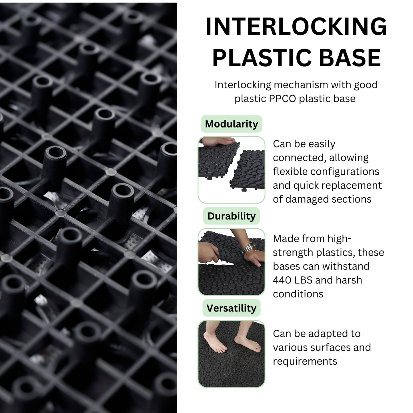 Interlocking Deck Tiles Plastic Waterproof Outdoor All Weather Anti-Slip Bathroom Shower Balcony Porch Strong Weight Capacity Upto 440 Lbs, Pebble Stone Pattern