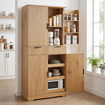 Fluted Kitchen Pantry Cabinet With 3 Keyboard Drawers & 6 Door Shelves Adjustable