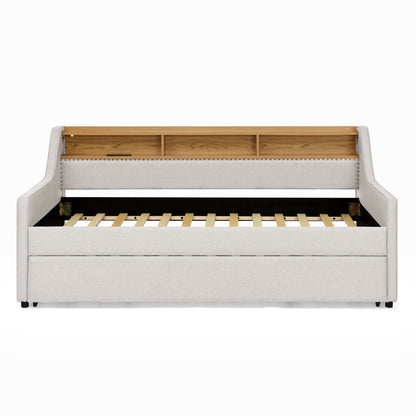 Upholstered Sofa Bed With LED Lights, Storage Headboard, Foldable Trundle & Wireless Charging