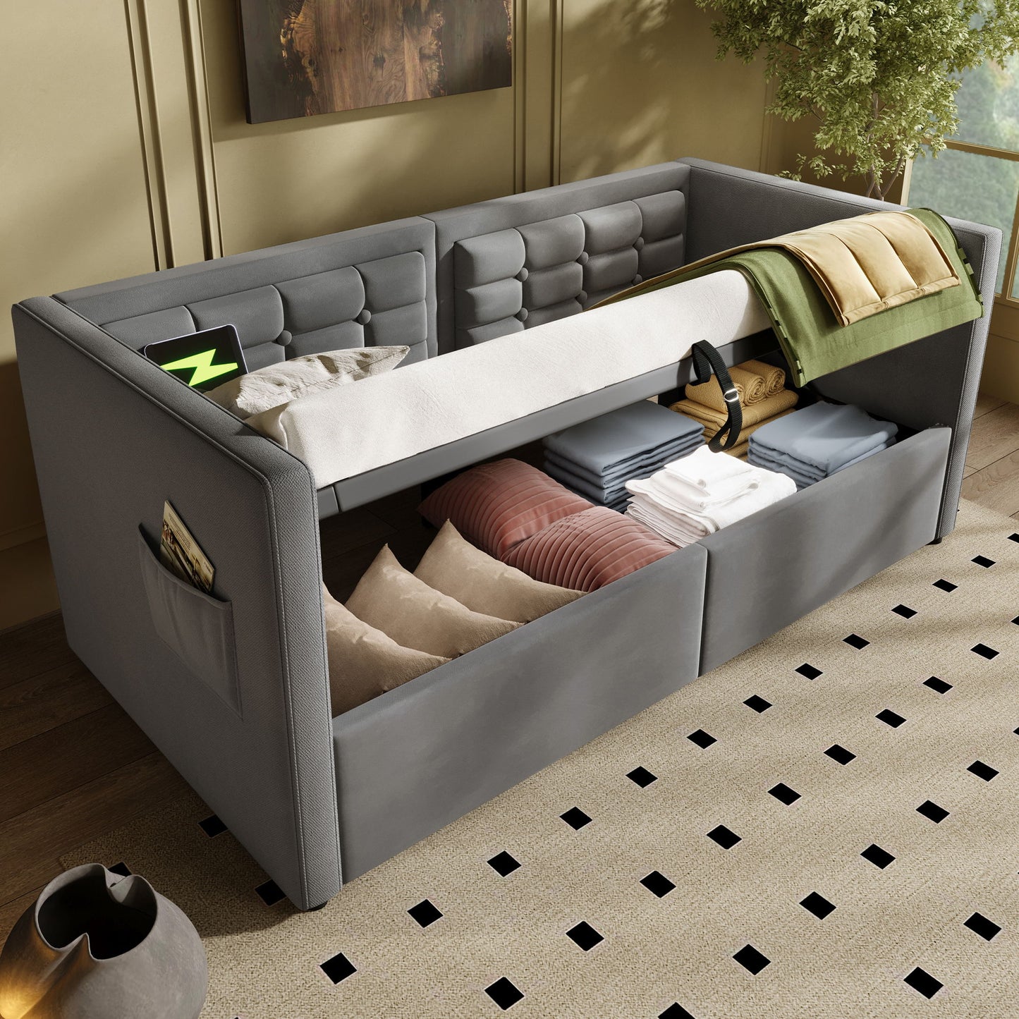 Upholstered Hydraulic Storage Daybed With USB & Type C Charging