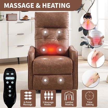 Single Motor Power Lift Recliner Chair With Massage And Heat, USB For Charging - Brown