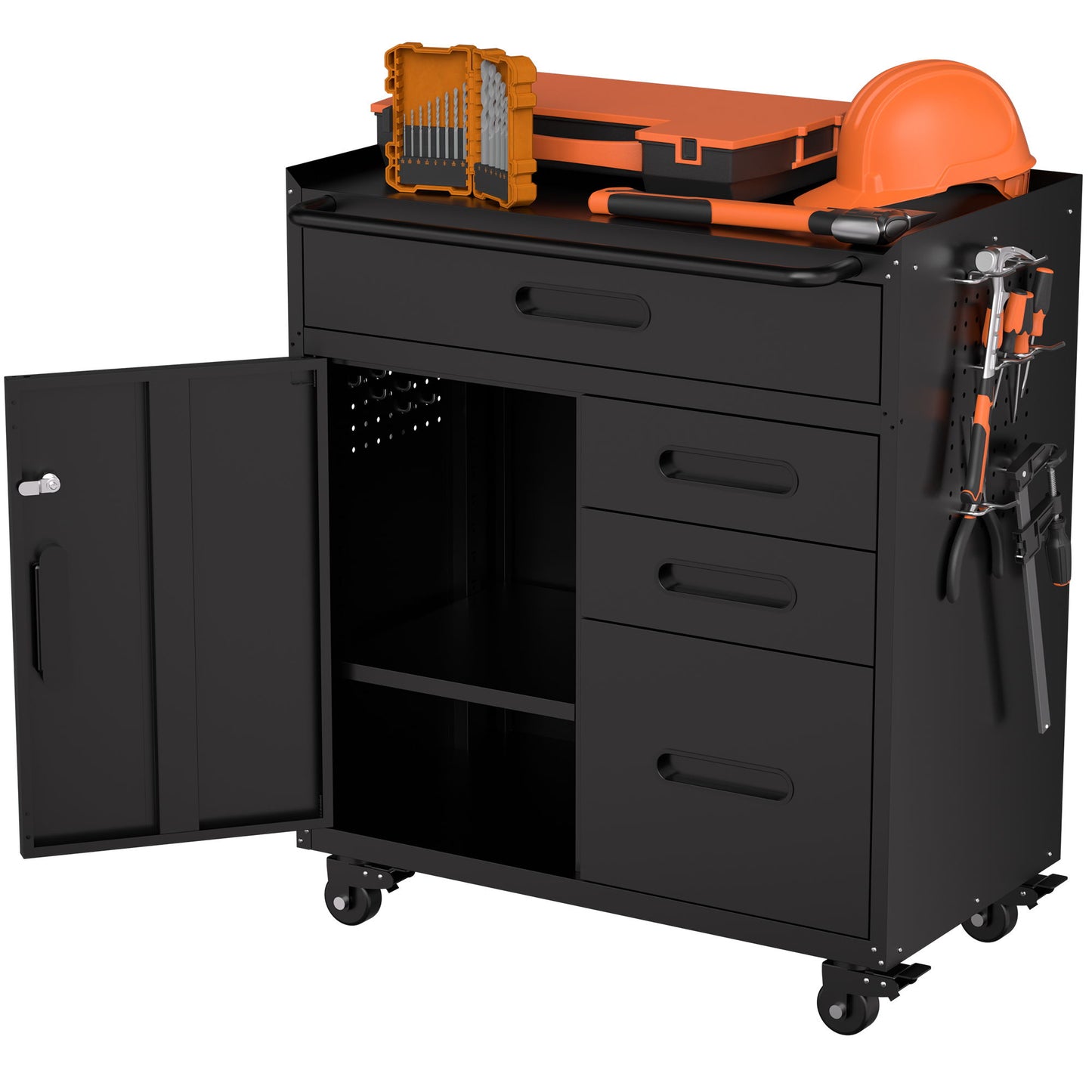 Rolling Tool Cabinet Heavy Duty Garage Storage With Lockable Doors & Drawers